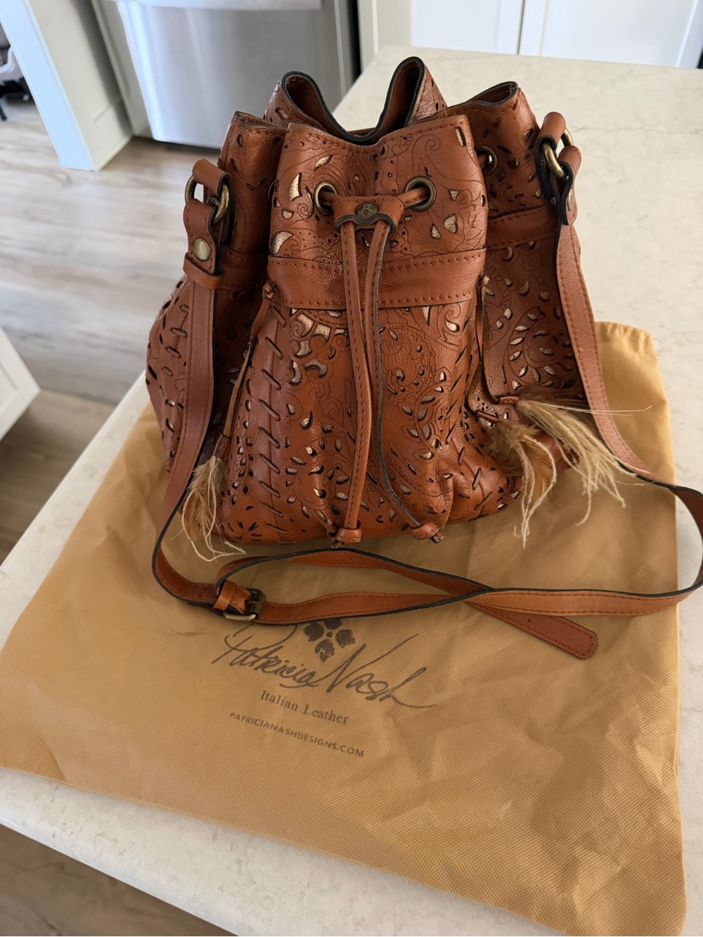 Patricia Nash Cognac Laser-Cut Leather Drawstring Bucket Bag